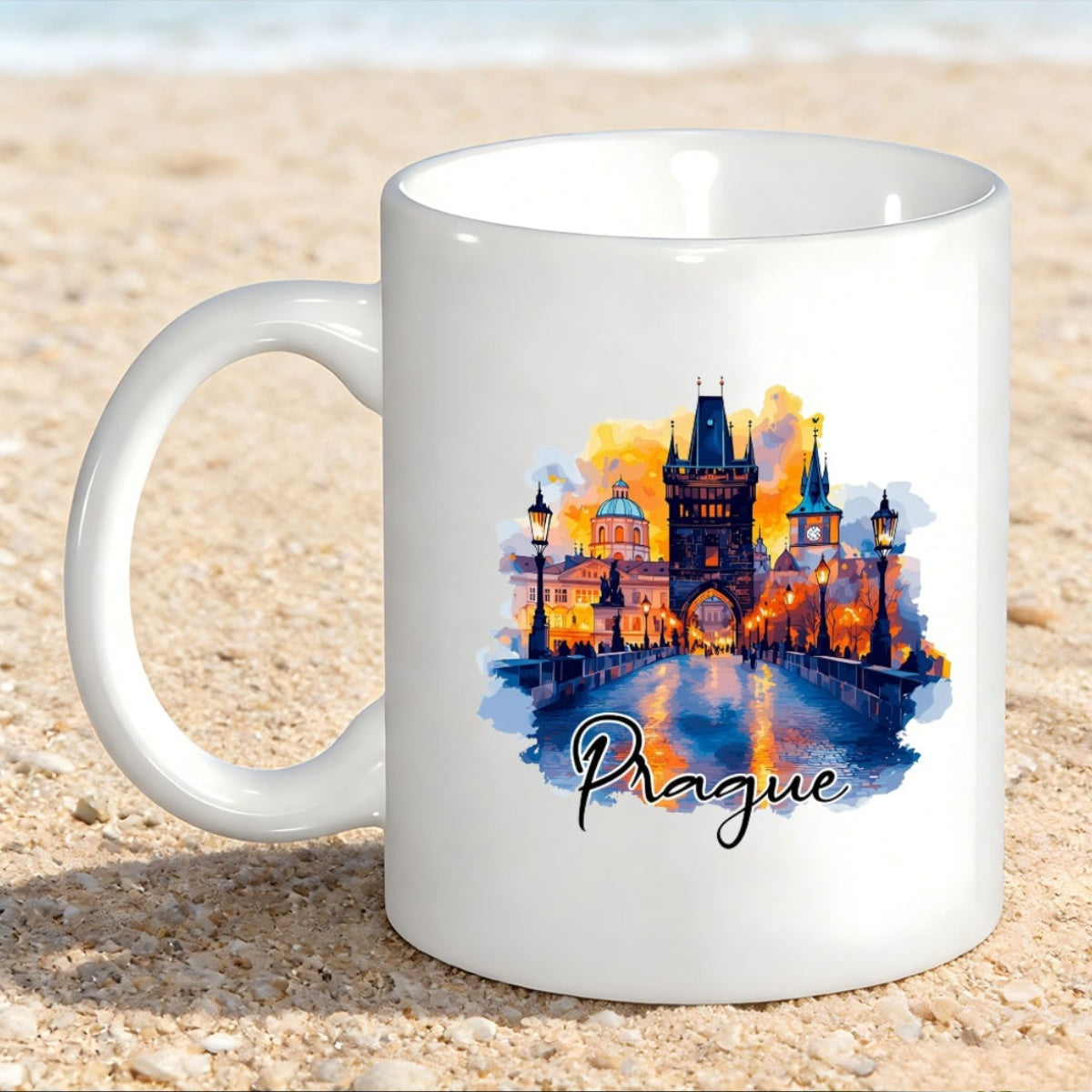 Tailorly White Ceramic 11 oz Mug - Prague Vibrant Watercolor Scene Of Historical Tower Under Golden Sunset Sky Cityscape