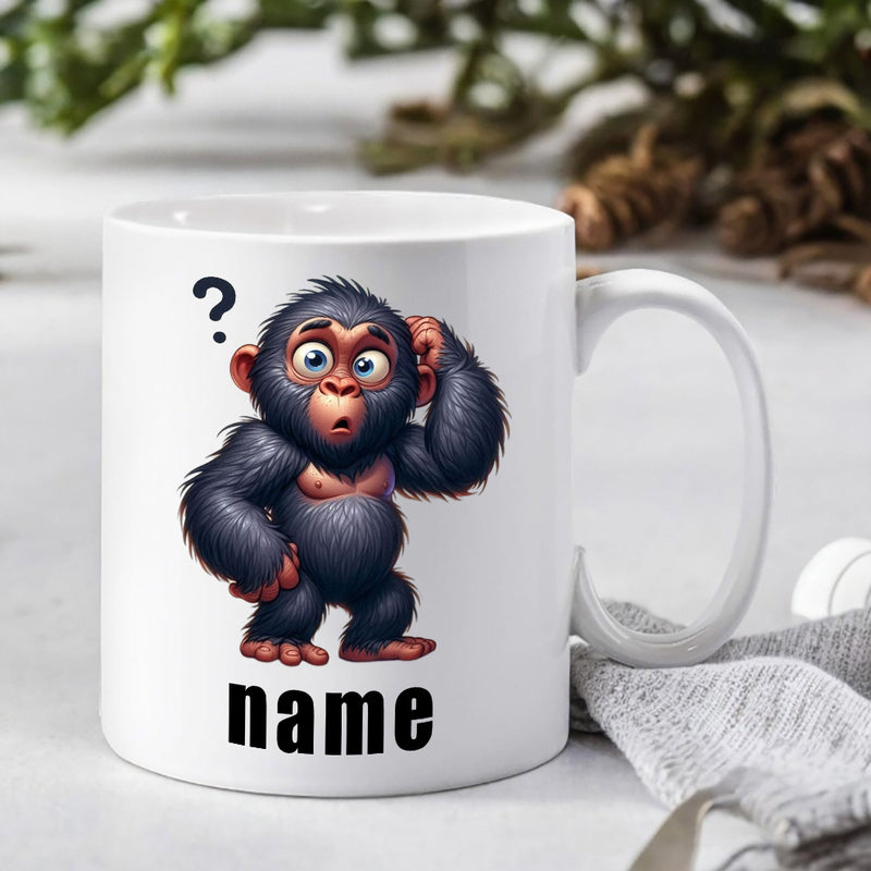 Tailorly White Ceramic 11 oz Mug - Name Funny Cartoon Primate Scratching Head With Curious Expression And Question Mark Gorilla