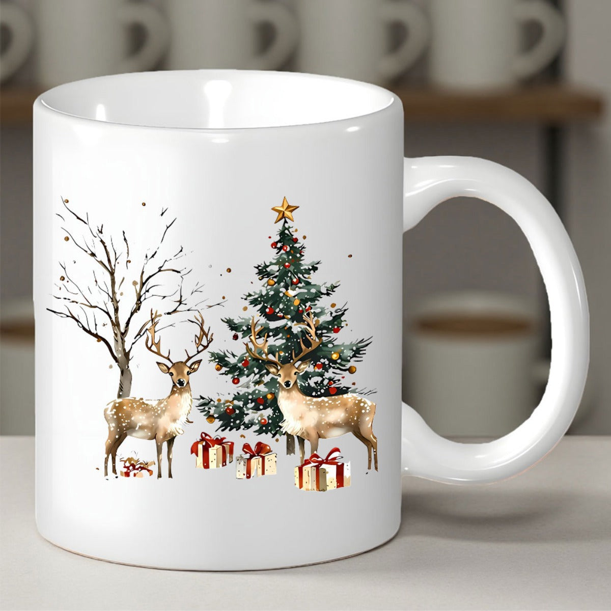 Tailorly White Ceramic 11 oz Mug - Winter Scene With Festive Decorated Christmas Tree And Elegant Reindeer