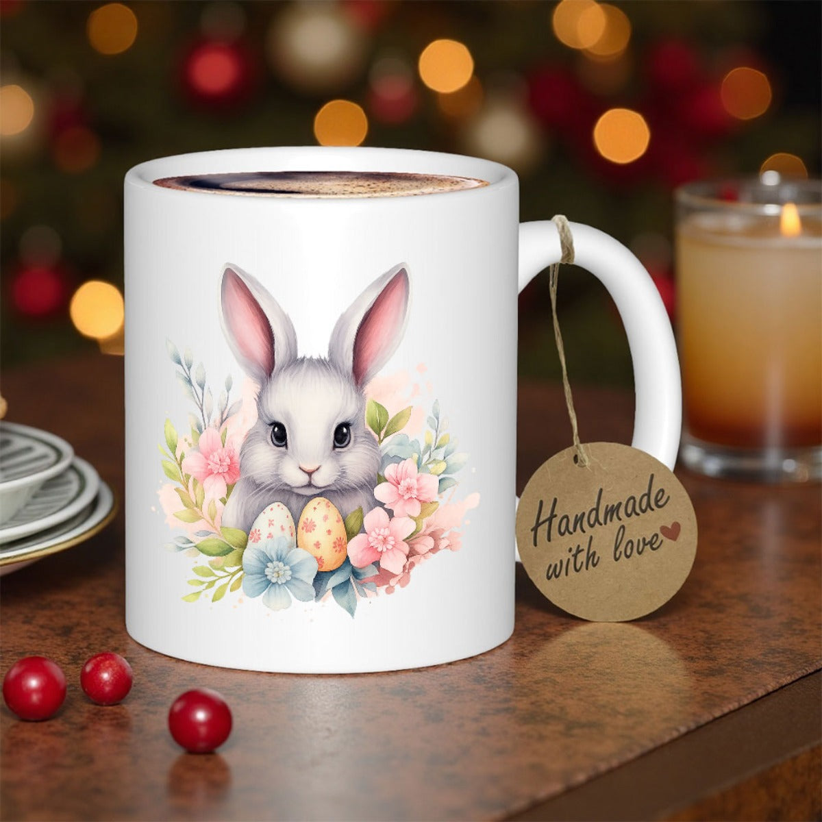Tailorly White Ceramic 11 oz Mug - Handmade With Love Watercolor Style With Spring Flowers And Patterned Easter Eggs Surrounding A Cute Rabbit