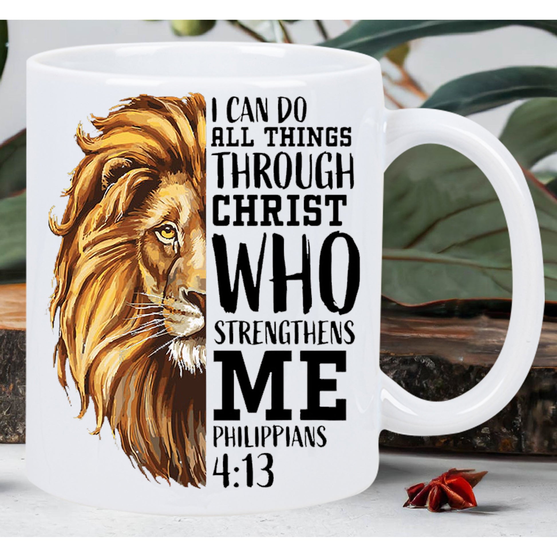 Tailorly White Ceramic 11 oz Mug - I Can Do All Things Through Christ Who Strengthens Me Philippians 4 13 Majestic Golden Lion Face Split With Bold Scriptural