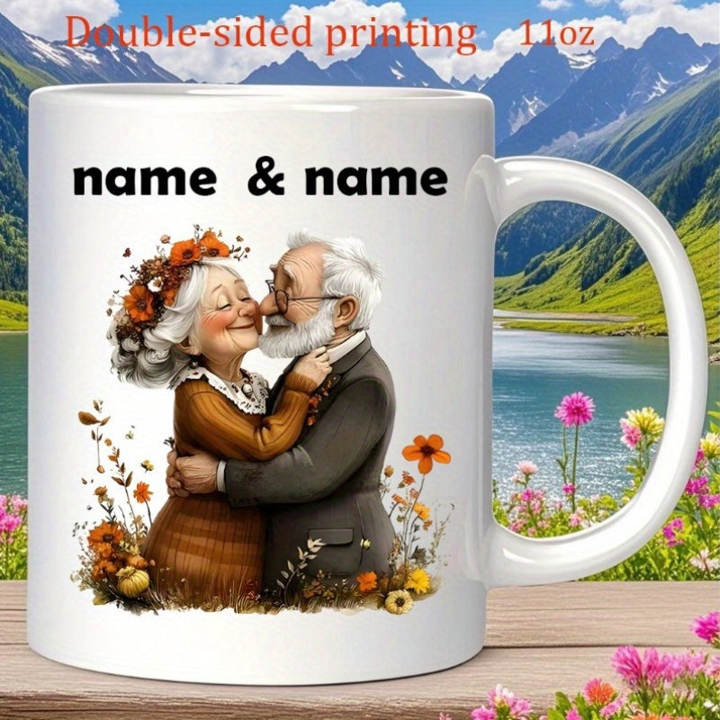 Tailorly White Ceramic 11 oz Mug - Name Name Embracing Together Among Beautiful Colorful Wild Spring Meadow Flowers Couple