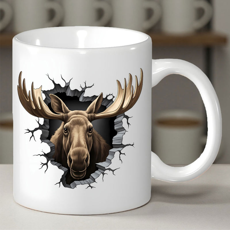 Tailorly White Ceramic 11 oz Mug - Majestic Realistic Head Breaking Through A Cracked Stone Wall Moose