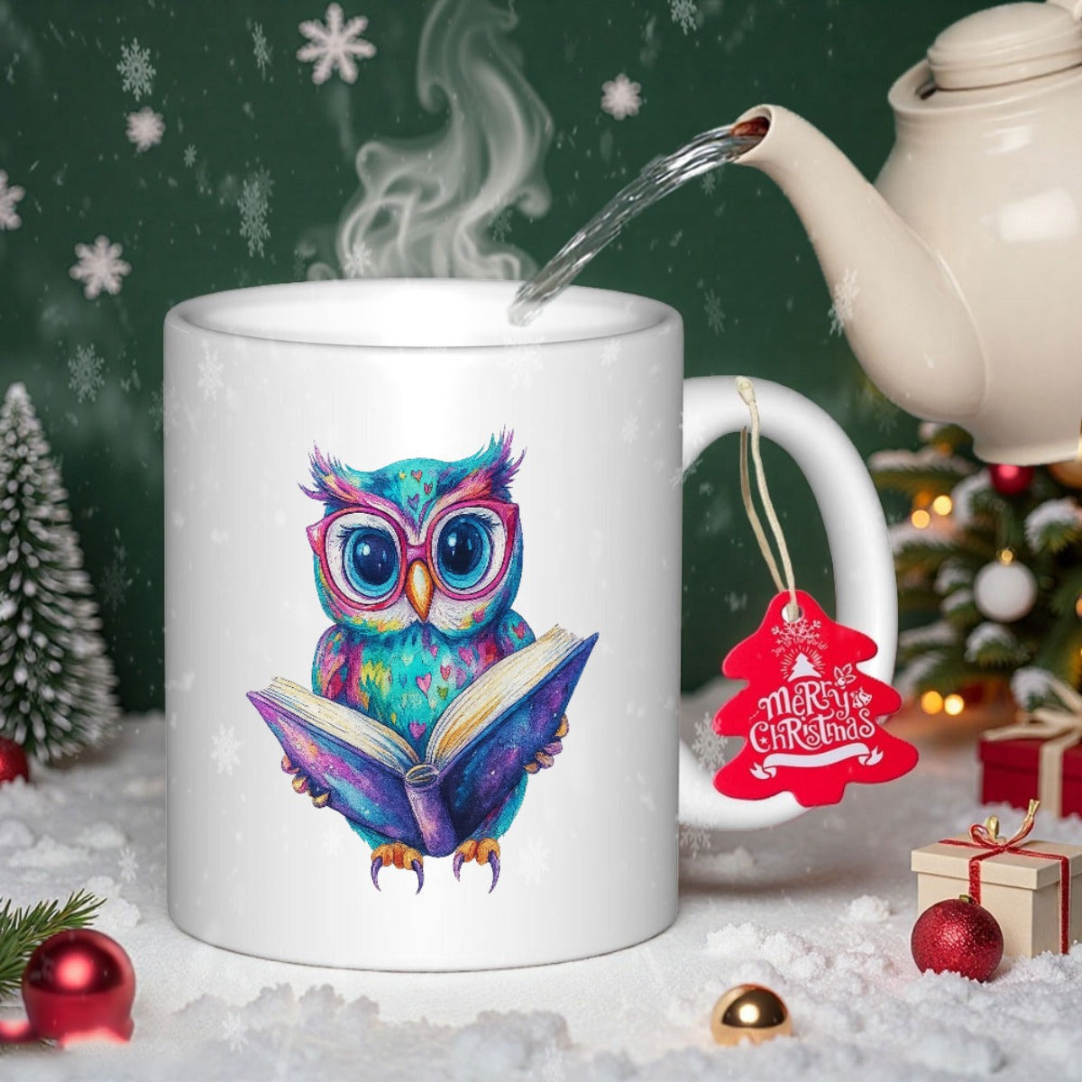 Tailorly White Ceramic 11 oz Mug - Merry Christmas Vibrant Colorful Wise Bird Wearing Glasses Reading An Open Book Owl