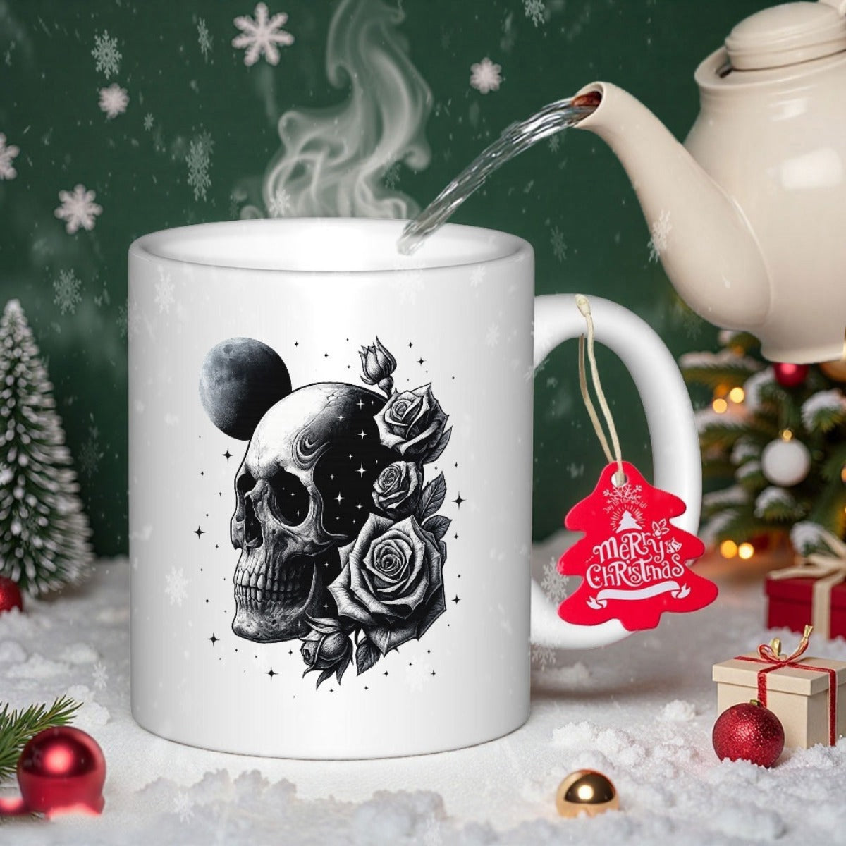 Tailorly White Ceramic 11 oz Mug - Detailed Monochrome Illustration Of Blooming Roses Adorning A Dark Artistic Skull