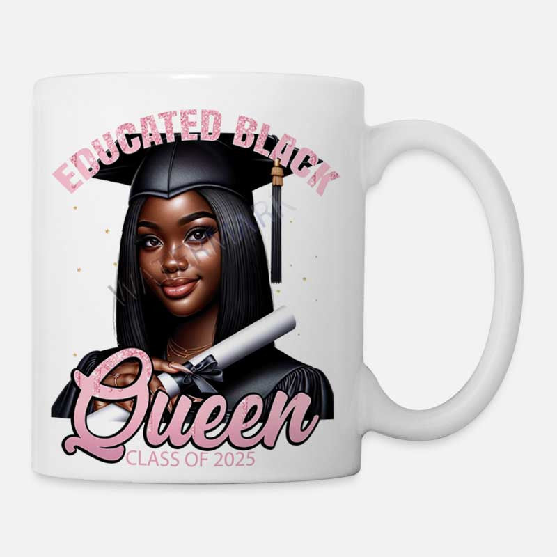 Tailorly White Ceramic 11 oz Mug - Educated Black Queen Class Of 2025 Beautiful Graduate Wearing A Cap Holding A Diploma Degree Queen