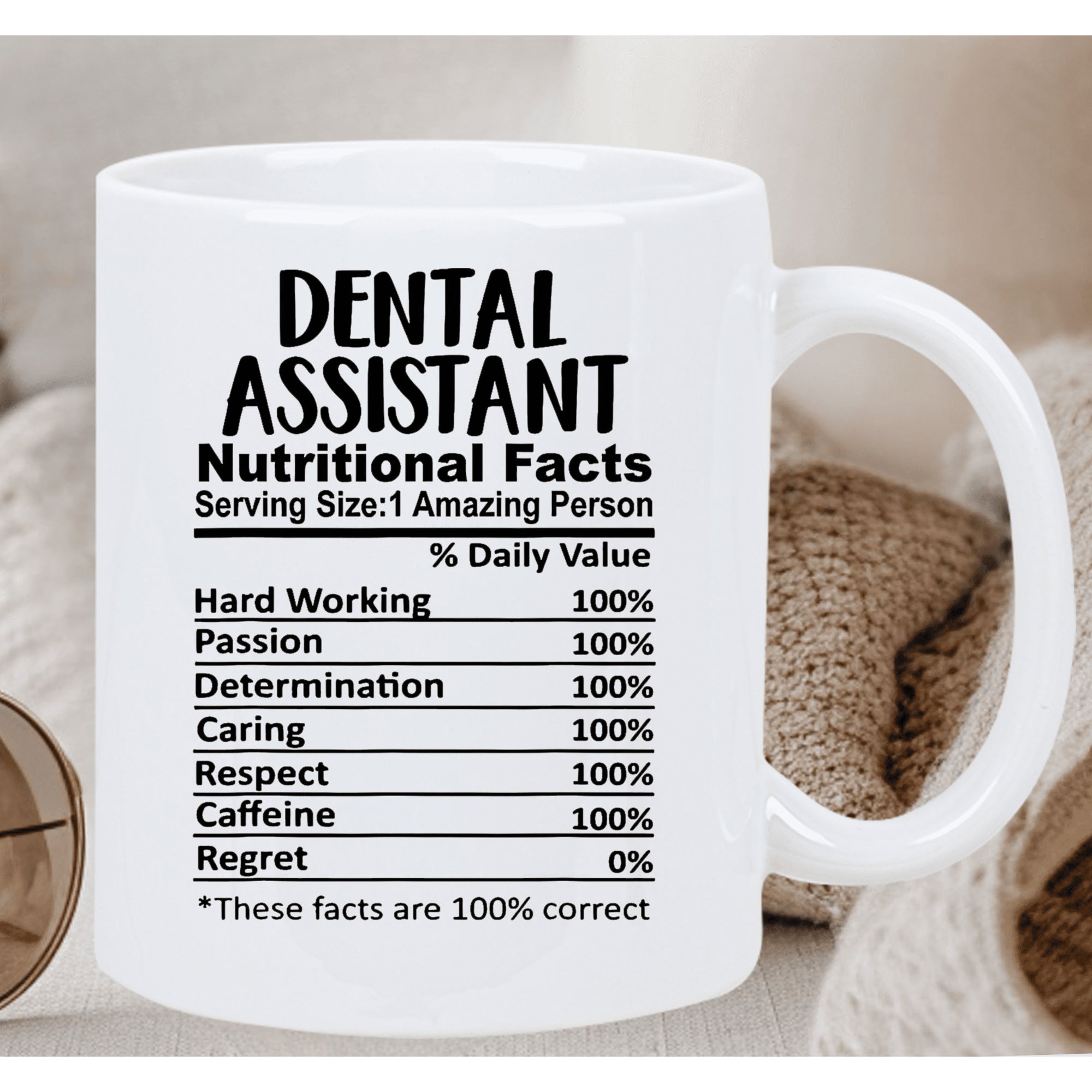Tailorly White Ceramic 11 oz Mug - Dental Assistant Nutritional Facts Professional Typography Design With Black Text Elements Arranged On