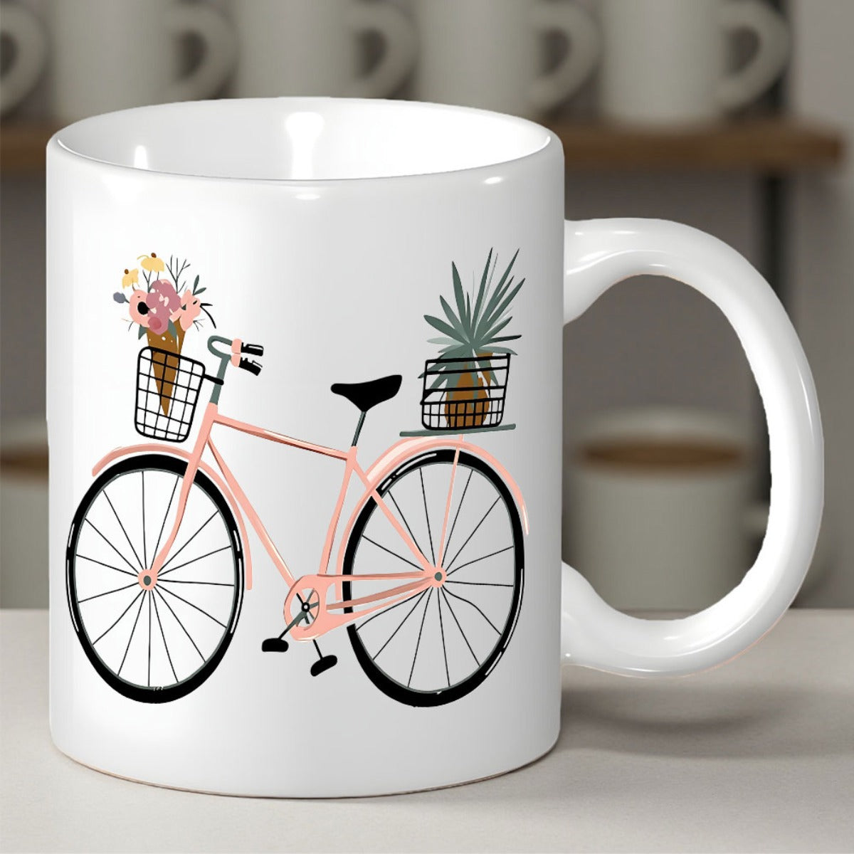 Tailorly White Ceramic 11 oz Mug - Charming Pink Frame With Floral Front Basket And Back Pineapple Basket Bicycle