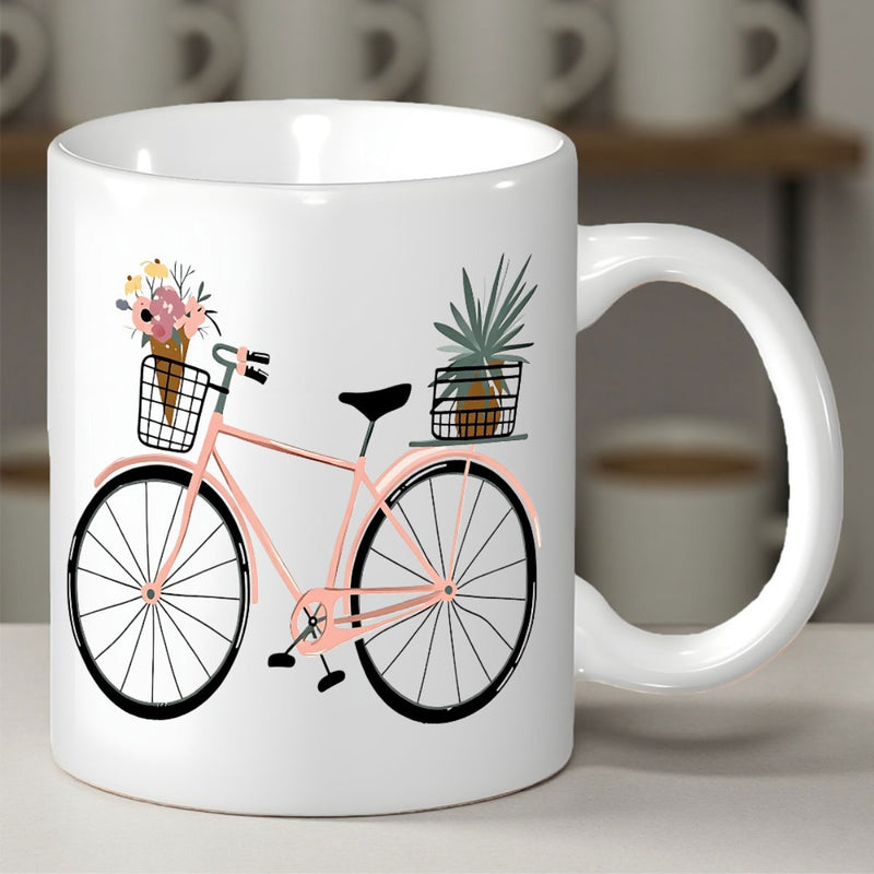Tailorly White Ceramic 11 oz Mug - Charming Pink Frame With Floral Front Basket And Back Pineapple Basket Bicycle