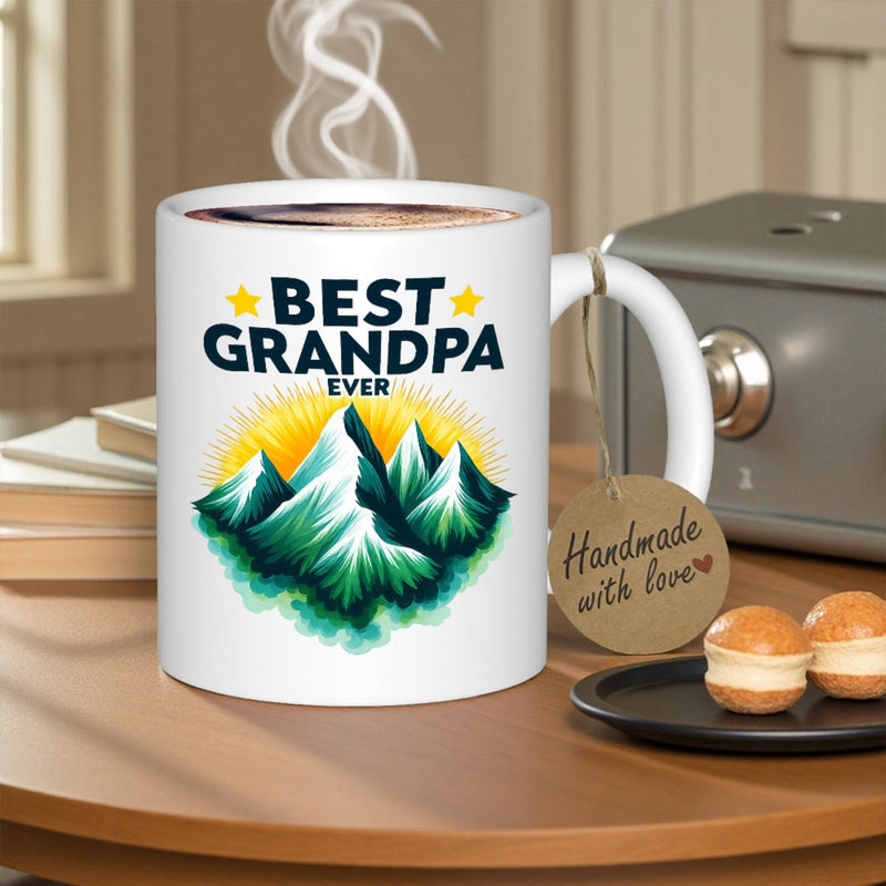 Tailorly White Ceramic 11 oz Mug - Best Grandpa Ever Majestic Snow Capped Peaks Rising Under Radiant Golden Sun Rays Mountain