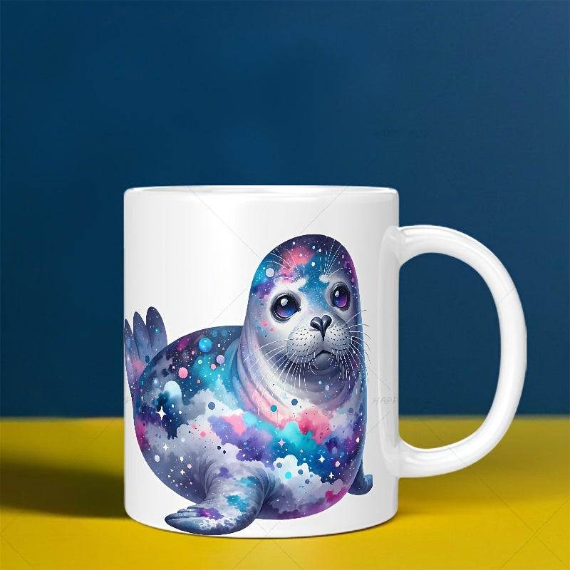 Tailorly White Ceramic 11 oz Mug - Galaxy Space Patterns With Colorful Nebulas And Sparkling Stars Seal