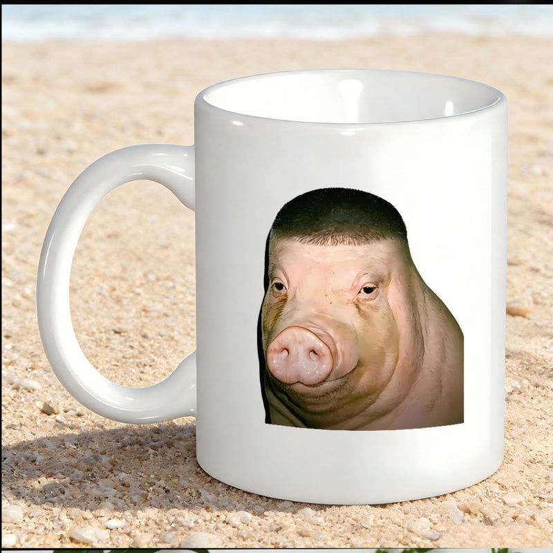 Tailorly White Ceramic 11 oz Mug - Funny Pink Farm Animal With Stylized Human Haircut Portrait Pig