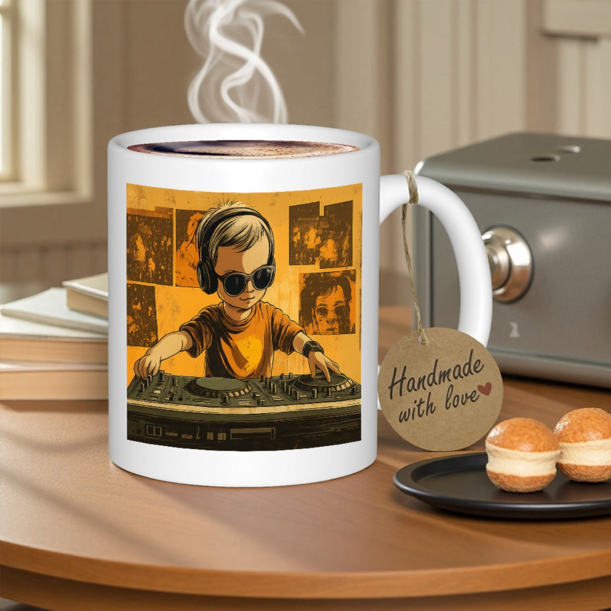 Tailorly White Ceramic 11 oz Mug - Cool Young Boy Wearing Sunglasses And Headphones Mixing Music On Turntable DJ