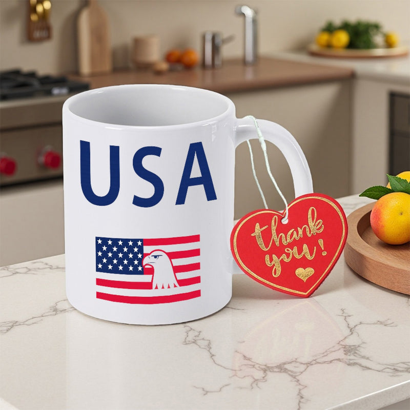 Tailorly White Ceramic 11 oz Mug - USA Thank You Patriotic American Flag Pattern Featuring A Majestic National Bald Eagle