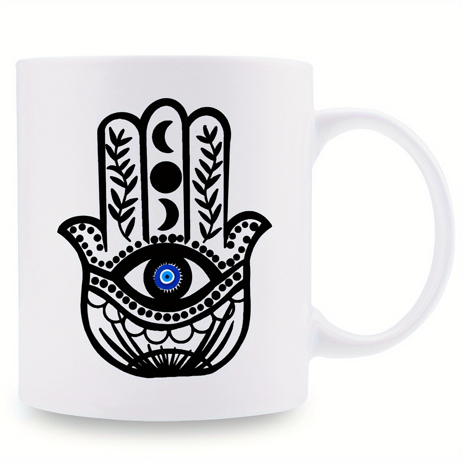 Tailorly White Ceramic 11 oz Mug - Intricate Hand Featuring Moon Phases And Protective Blue Evil Eye Hamsa
