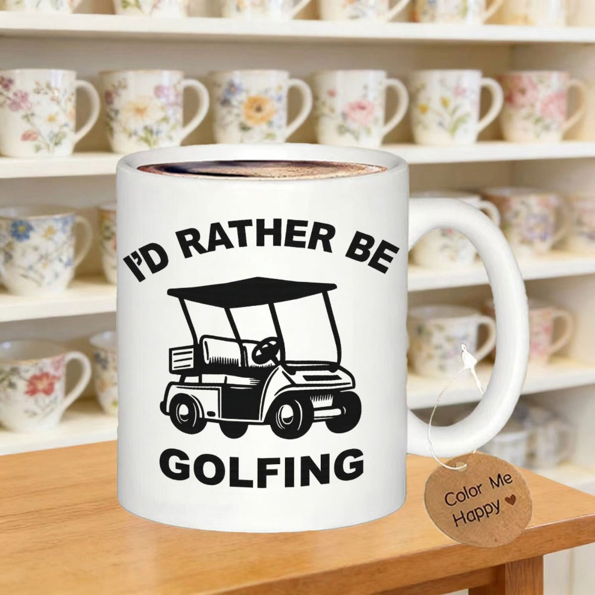 Tailorly White Ceramic 11 oz Mug - Id Rather Be Golfing Minimalist Black Ink Line Drawing Of A Moving Outdoor Sporting Cart