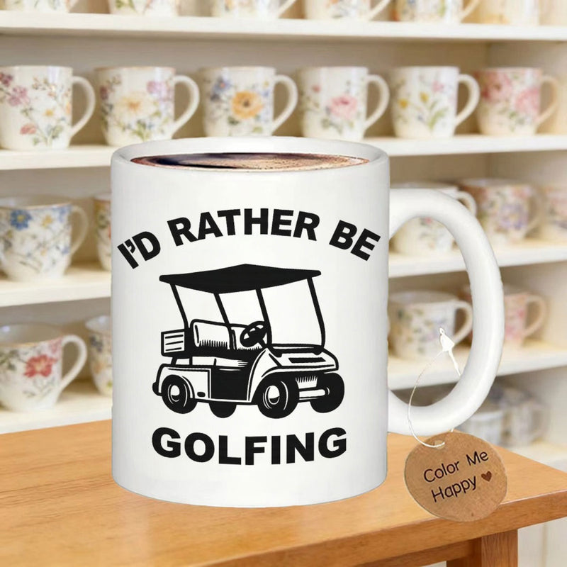Tailorly White Ceramic 11 oz Mug - Id Rather Be Golfing Minimalist Black Ink Line Drawing Of A Moving Outdoor Sporting Cart