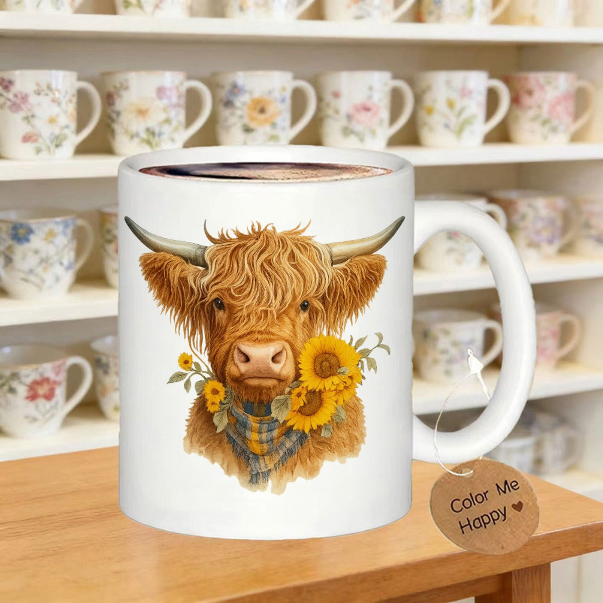 Tailorly White Ceramic 11 oz Mug - Color Me Happy Rustic Long Haired Cattle Surrounded By Vibrant Yellow Sunflowers Cow