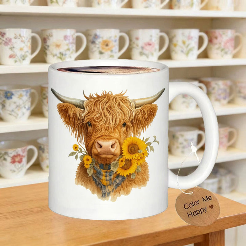 Tailorly White Ceramic 11 oz Mug - Color Me Happy Rustic Long Haired Cattle Surrounded By Vibrant Yellow Sunflowers Cow