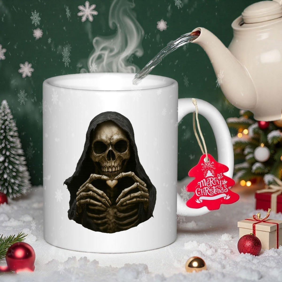 Tailorly White Ceramic 11 oz Mug - Mysterious Cloaked Reaper Making A Heart Gesture With Bony Hands Skeleton
