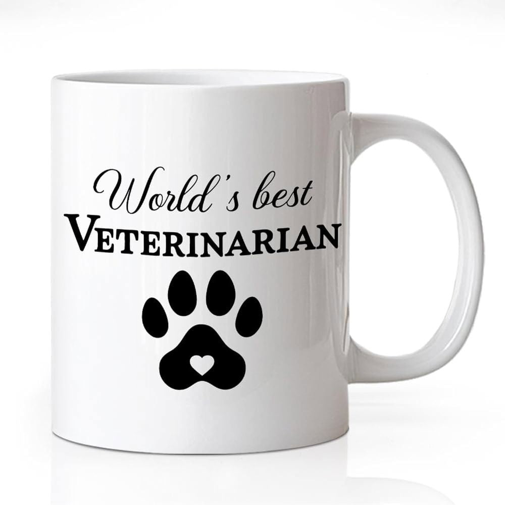 Tailorly White Ceramic 11 oz Mug - Worlds Best Veterinarian Minimalist Black Silhouette Featuring Small Heart Centered Inside Friendly Paw