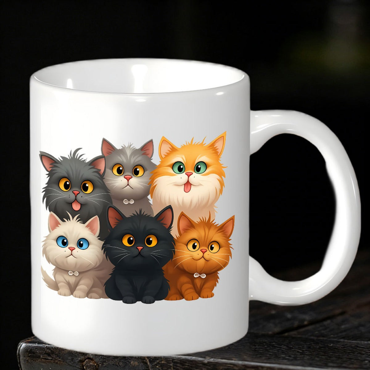 Tailorly White Ceramic 11 oz Mug - Charming Group Of Adorable Cartoon Kittens With Big Expressive Eyes Cat