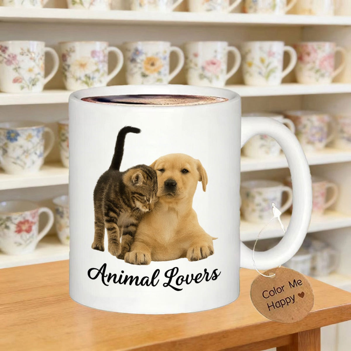 Tailorly White Ceramic 11 oz Mug - Animal Lovers Adorable Tabby Kitten Snuggling Beside A Resting Golden Puppy