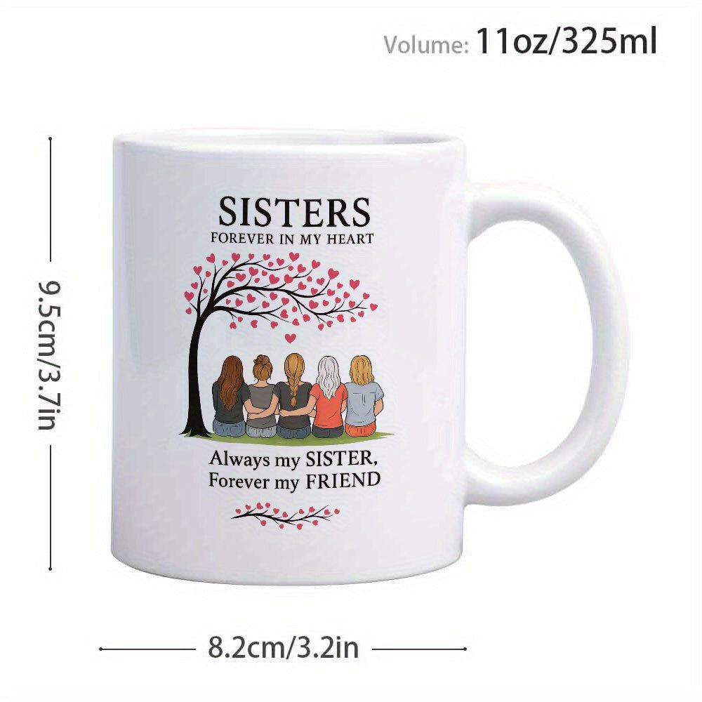 Tailorly White Ceramic 11 oz Mug - Sisters Forever In My Heart Always My Sister Forever My Friend Five Women Sitting Underneath A Beautiful Pink Heart Leaf Tree