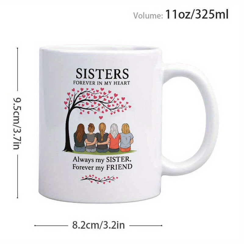Tailorly White Ceramic 11 oz Mug - Sisters Forever In My Heart Always My Sister Forever My Friend Five Women Sitting Underneath A Beautiful Pink Heart Leaf Tree