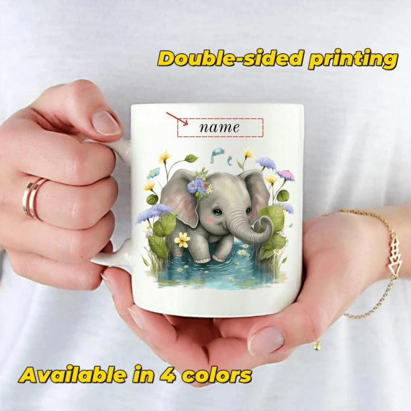 Tailorly White Ceramic 11 oz Mug - Name Adorable Watercolor Baby Sitting Among Vibrant Flowers And Lush Green Leaves Elephant