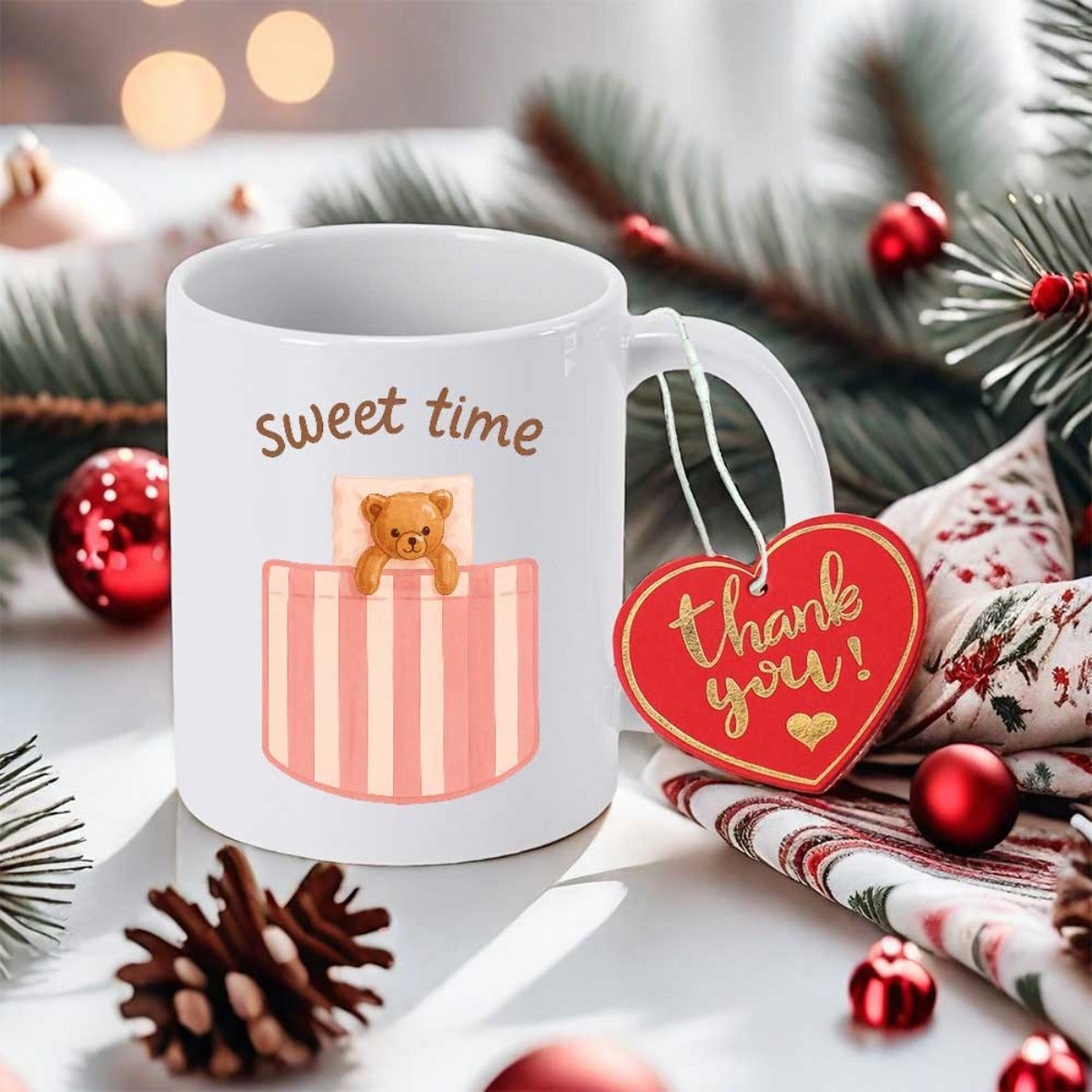 Tailorly White Ceramic 11 oz Mug - Sweet Time Adorable Brown Teddy Bear Peeking Out From A Striped Pink Pocket Bear