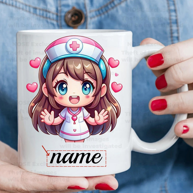 Tailorly White Ceramic 11 oz Mug - Name Adorable Chibi Cartoon Character Wearing Medical Uniform Among Pink Hearts Nurse