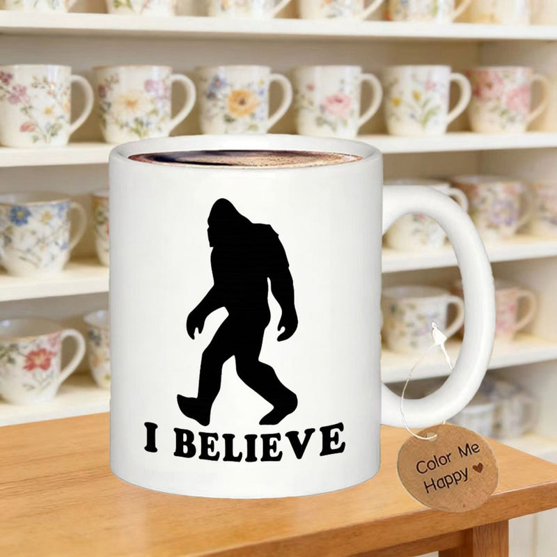 Tailorly White Ceramic 11 oz Mug - I Believe Legendary Mythical Forest Creature Walking Silhouette Sasquatch