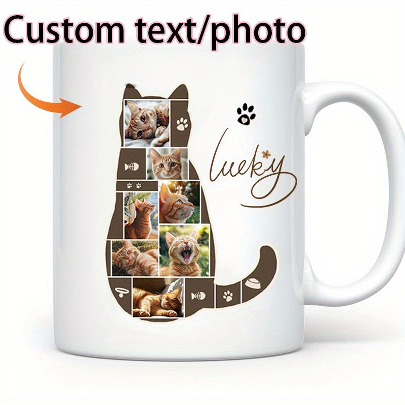 Tailorly White Ceramic 11 oz Mug - Lucky Unique Silhouette Filled With Multiple Charming Pet Photos And Playful Paw Elements Cat