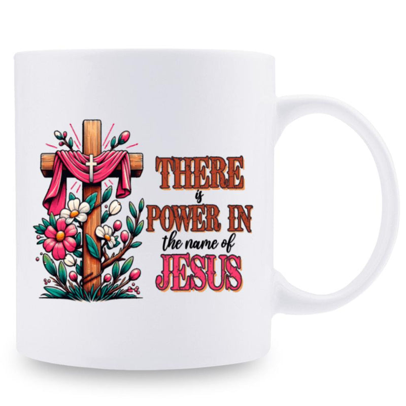 Tailorly White Ceramic 11 oz Mug - There Is Power In The Name Of Jesus Rustic Wooden Cross With Vibrant Red Cloth And Blooming Floral Cross