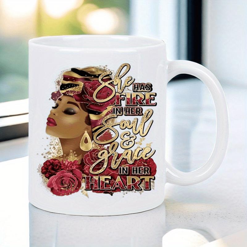 Tailorly White Ceramic 11 oz Mug - She Has Fire In Her Soul Grace In Her Heart Elegant African American Woman Wearing Red Roses With Golden Jewelry Woman