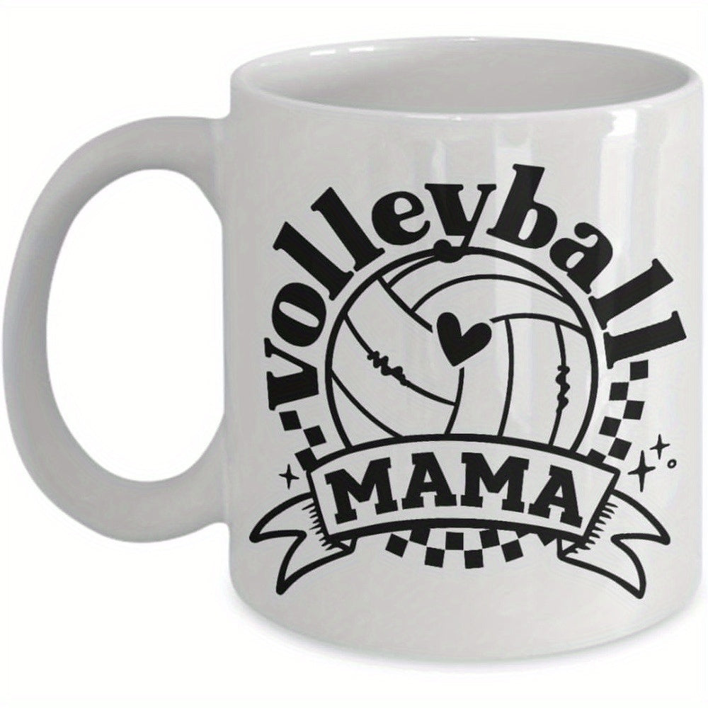 Tailorly White Ceramic 11 oz Mug - Volleyball Mama Sporty Graphic Elements With Bold Artistic Lettering And Checkerboard Banner Volleyball