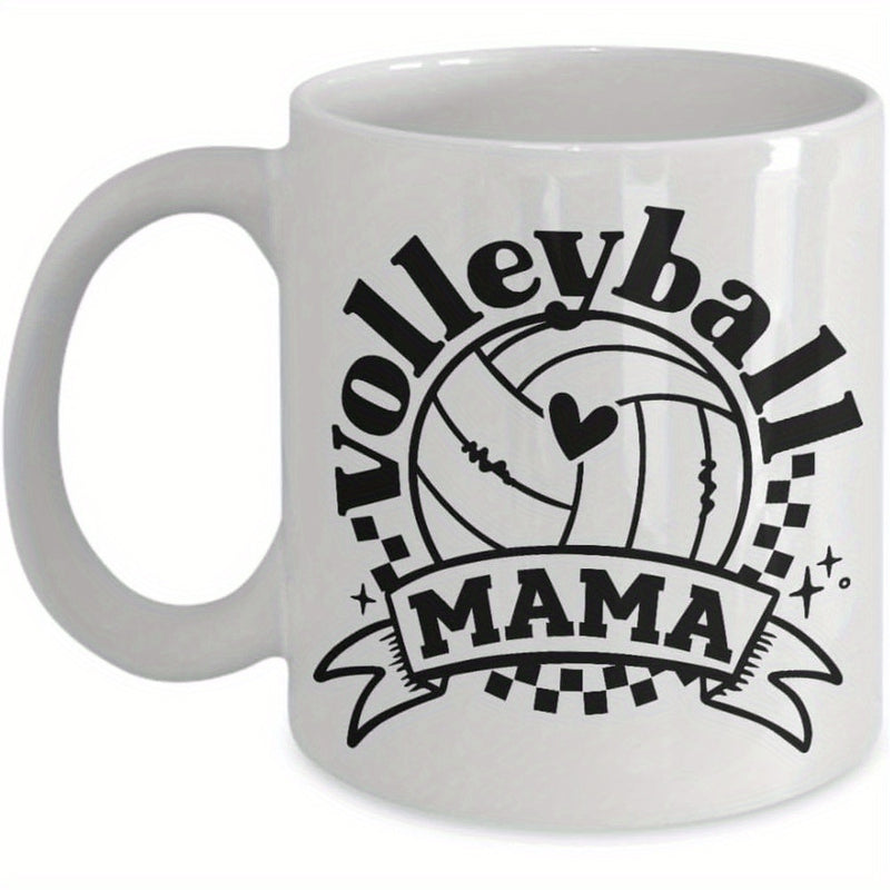 Tailorly White Ceramic 11 oz Mug - Volleyball Mama Sporty Graphic Elements With Bold Artistic Lettering And Checkerboard Banner Volleyball