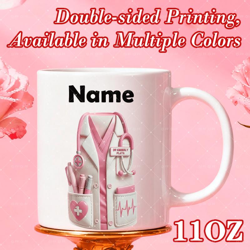 Tailorly White Ceramic 11 oz Mug - Name Elegant Pink Medical Professional Uniform With Stethoscope Details Scrubs