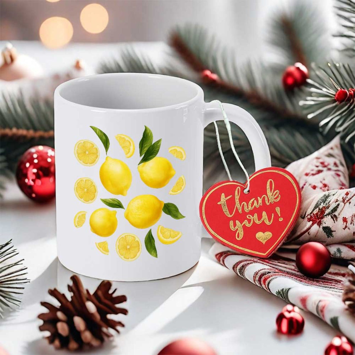Tailorly White Ceramic 11 oz Mug - Thank You Vibrant Yellow Lemons With Green Leaves Arranged In A Refreshing Pattern Lemon