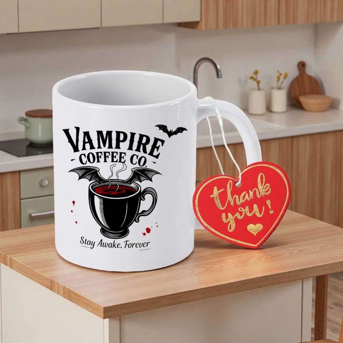 Tailorly White Ceramic 11 oz Mug - Vampire Coffee Co Stay Awake Forever Gothic Black Liquid Inside Steam Rising From Winged Cup