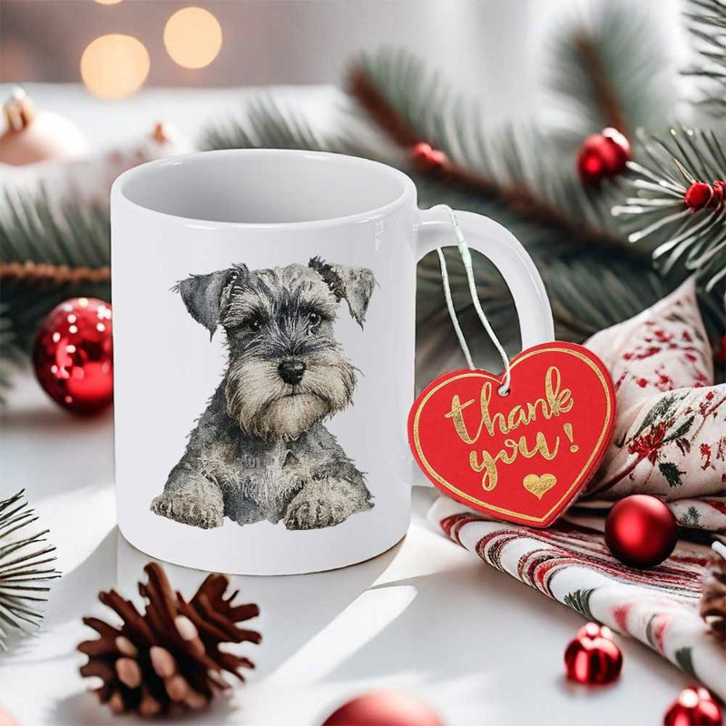 Tailorly White Ceramic 11 oz Mug - Thank You Watercolor Portrait Of Loyal Dog Among Festive Holiday Pine Schnauzer
