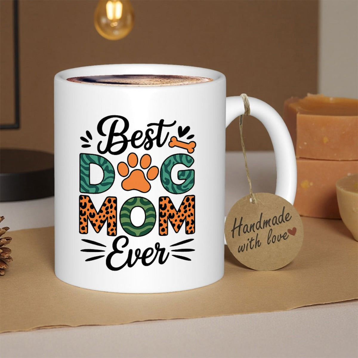 Tailorly White Ceramic 11 oz Mug - Best Dog Mom Ever Stylized Animal Patterned Typography Featuring An Orange Paw Print Sign