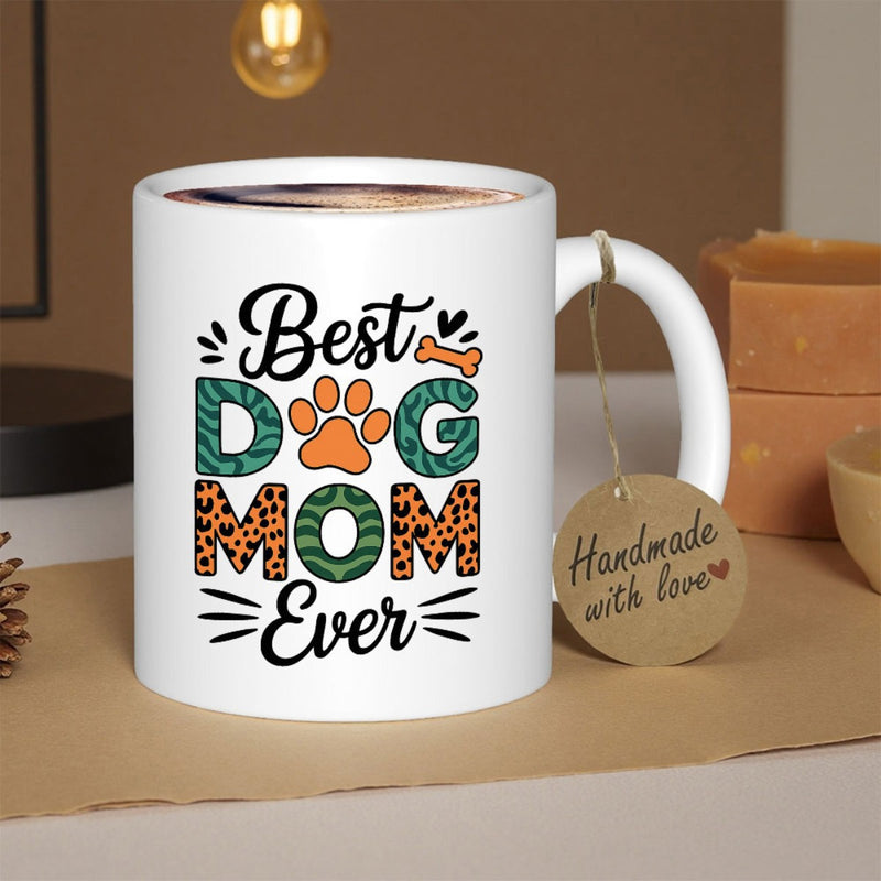 Tailorly White Ceramic 11 oz Mug - Best Dog Mom Ever Stylized Animal Patterned Typography Featuring An Orange Paw Print Sign