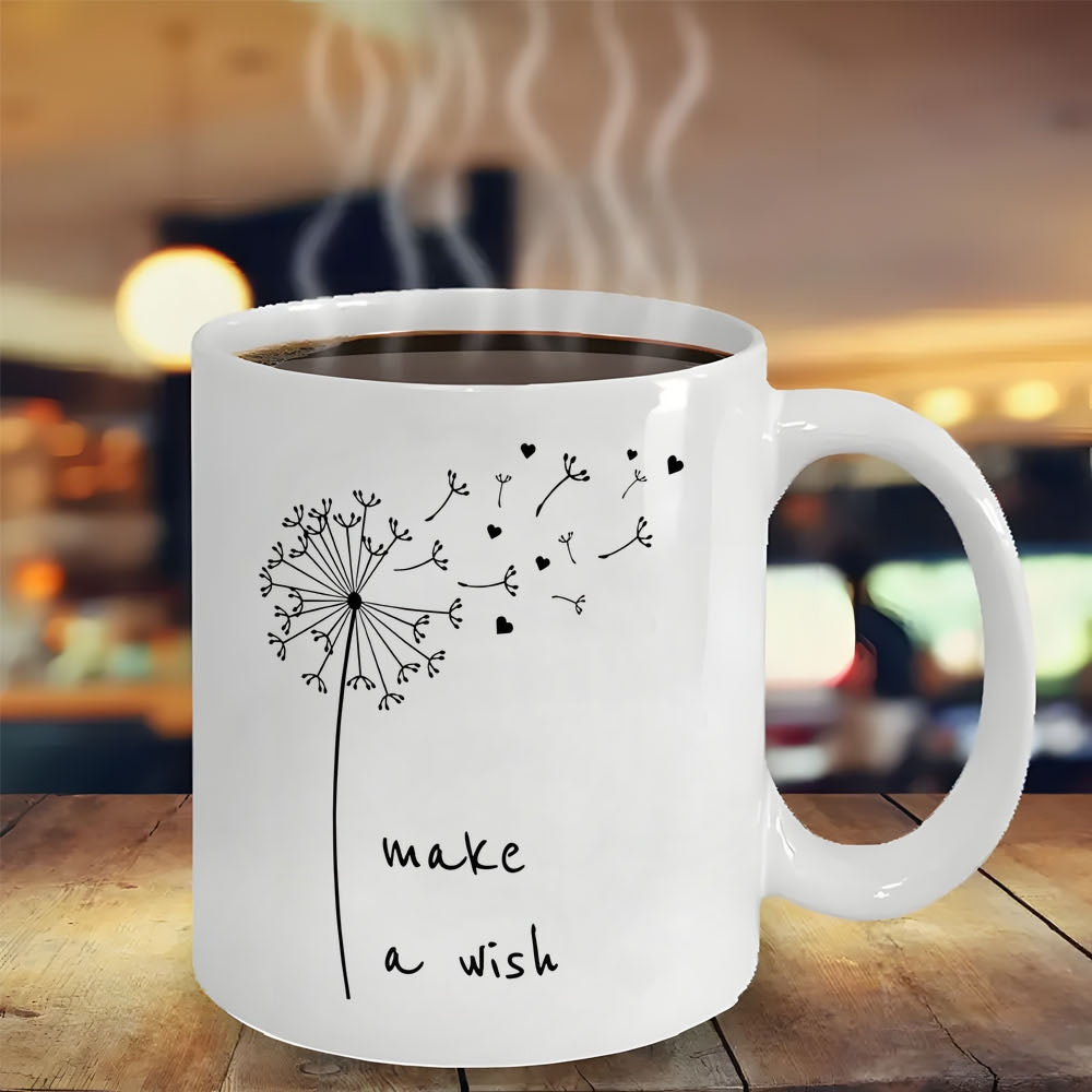 Tailorly White Ceramic 11 oz Mug - Make A Wish Delicate Blowing Seeds Drifting Gracefully In The Gentle Morning Breeze Dandelion