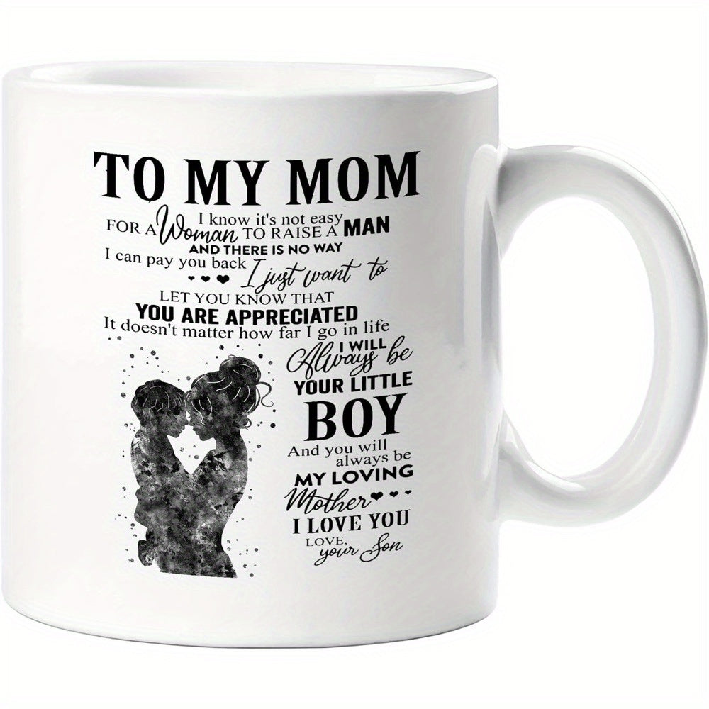 Tailorly White Ceramic 11 oz Mug - To My Mom Your Little Boy I Love You Gentle Mother Holding Small Son Featuring Artistic Galaxy Texture Paint Splatter Style