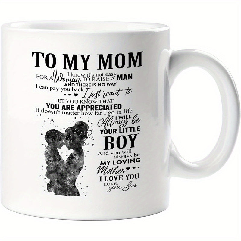 Tailorly White Ceramic 11 oz Mug - To My Mom Your Little Boy I Love You Gentle Mother Holding Small Son Featuring Artistic Galaxy Texture Paint Splatter Style