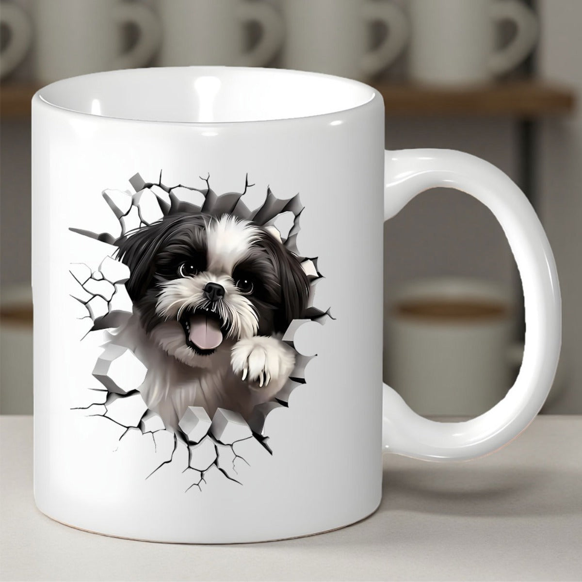 Tailorly White Ceramic 11 oz Mug - Adorable Fluffy Puppy Peeking Through A Realistic Cracked White Wall Design Shih Tzu