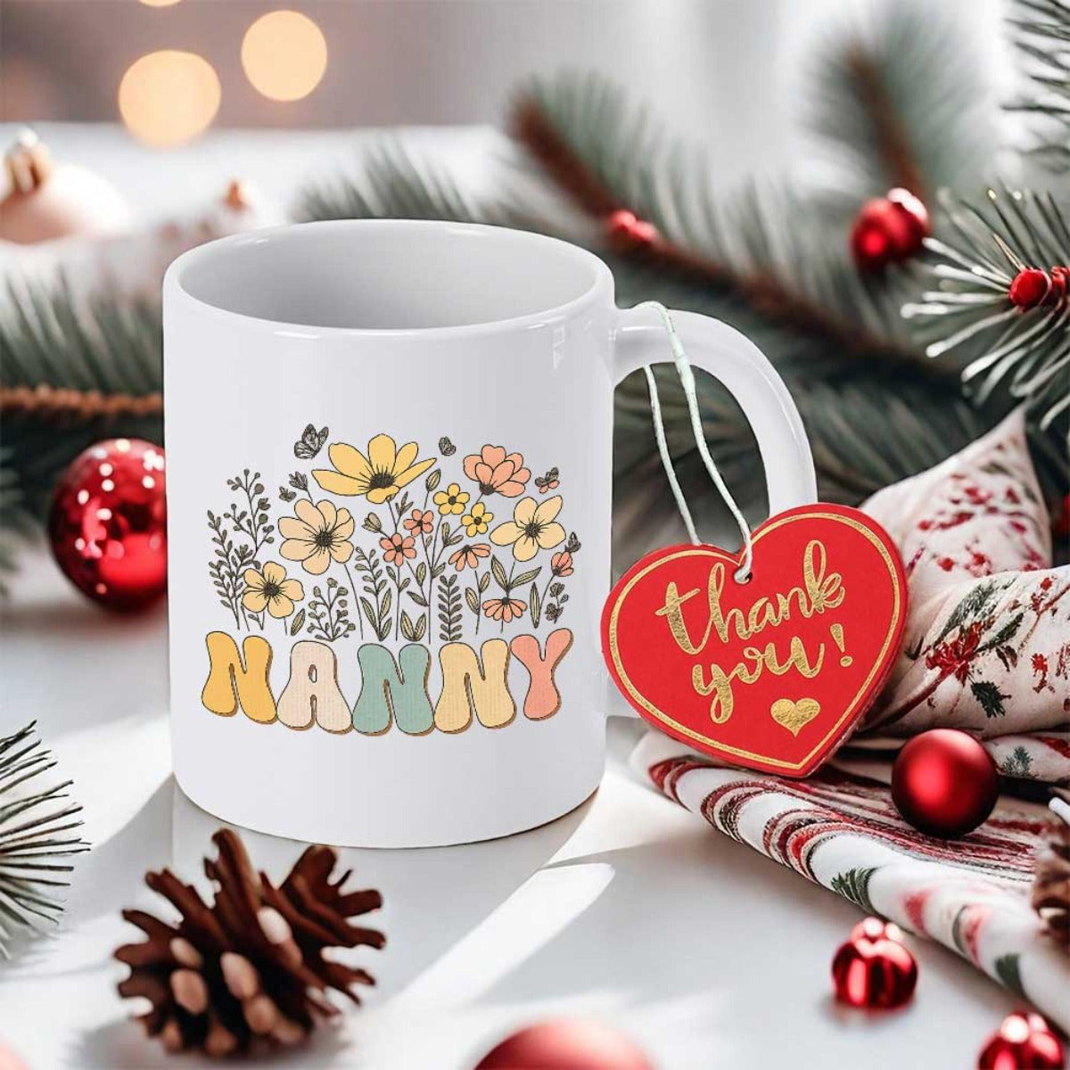 Tailorly White Ceramic 11 oz Mug - Nanny Thank You Blooming Retro Wildflowers In Muted Tones With Elegant Artistic Details Flower