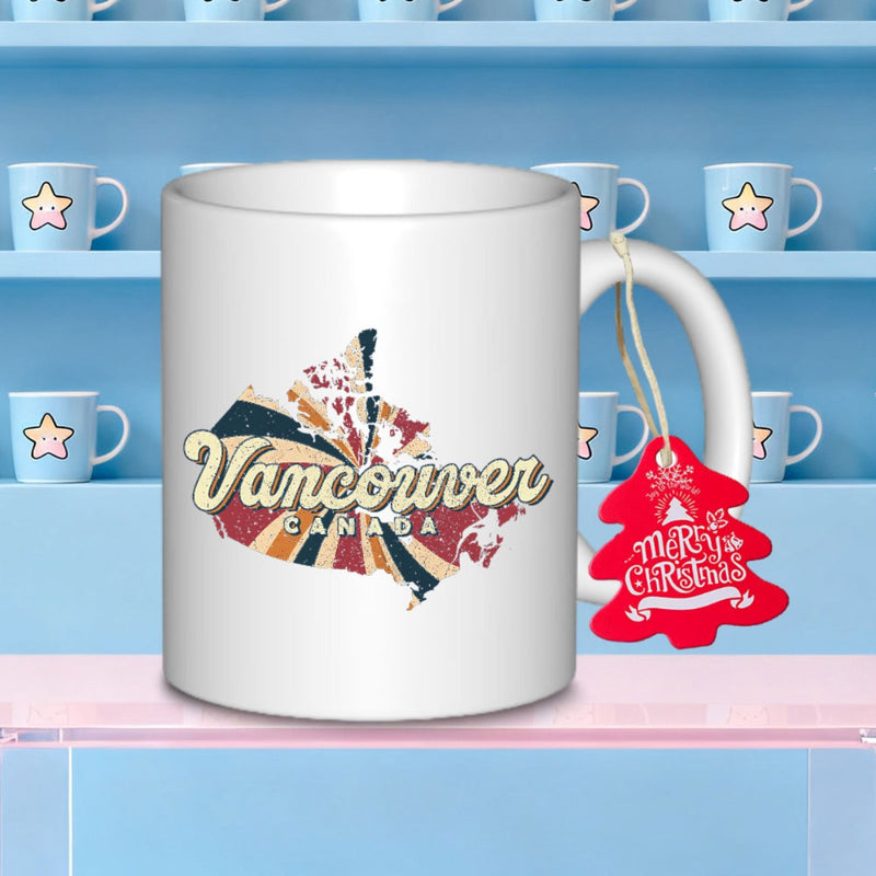Tailorly White Ceramic 11 oz Mug - Vancouver Canada Retro Sunburst Stripes Inside National Silhouette Geographic Map